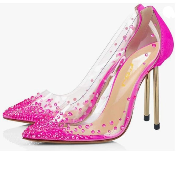 FSJ Fuchsia Studded Pointed Toe Transparent Pumps High Heels Shoes - Picture 1 of 8